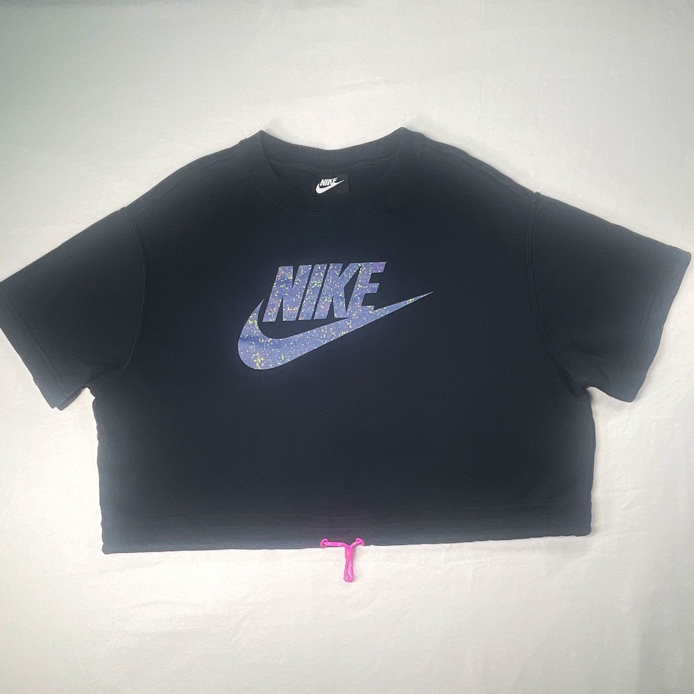 Nike Women's Black Cropped Logo Drawstring Crew Neck Short Sleeve T-Shirt M